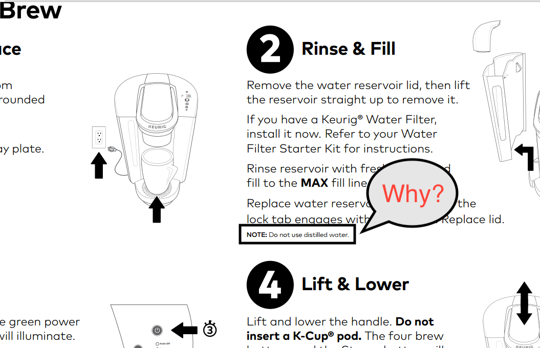 Why does my Keurig coffee maker say not to use distilled water?
